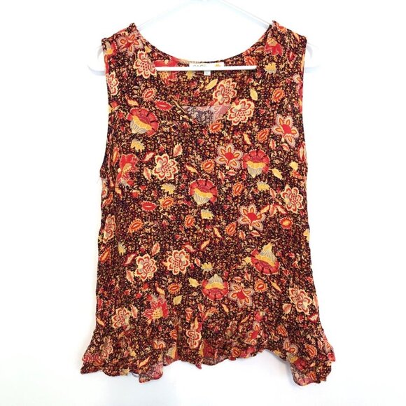 C&C CALIFORNIA Red Mustard Navy Floral Geo V-Neck Ruffle Sleeveless Tank Blouse - Picture 1 of 10